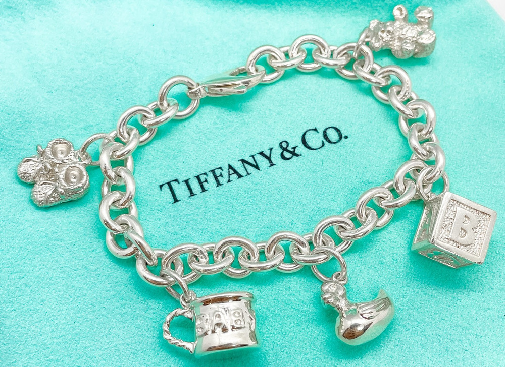 RARE Tiffany & Co. Baby Theme Charms Bracelet Duck Block Teddy Bear Silver 6.5"